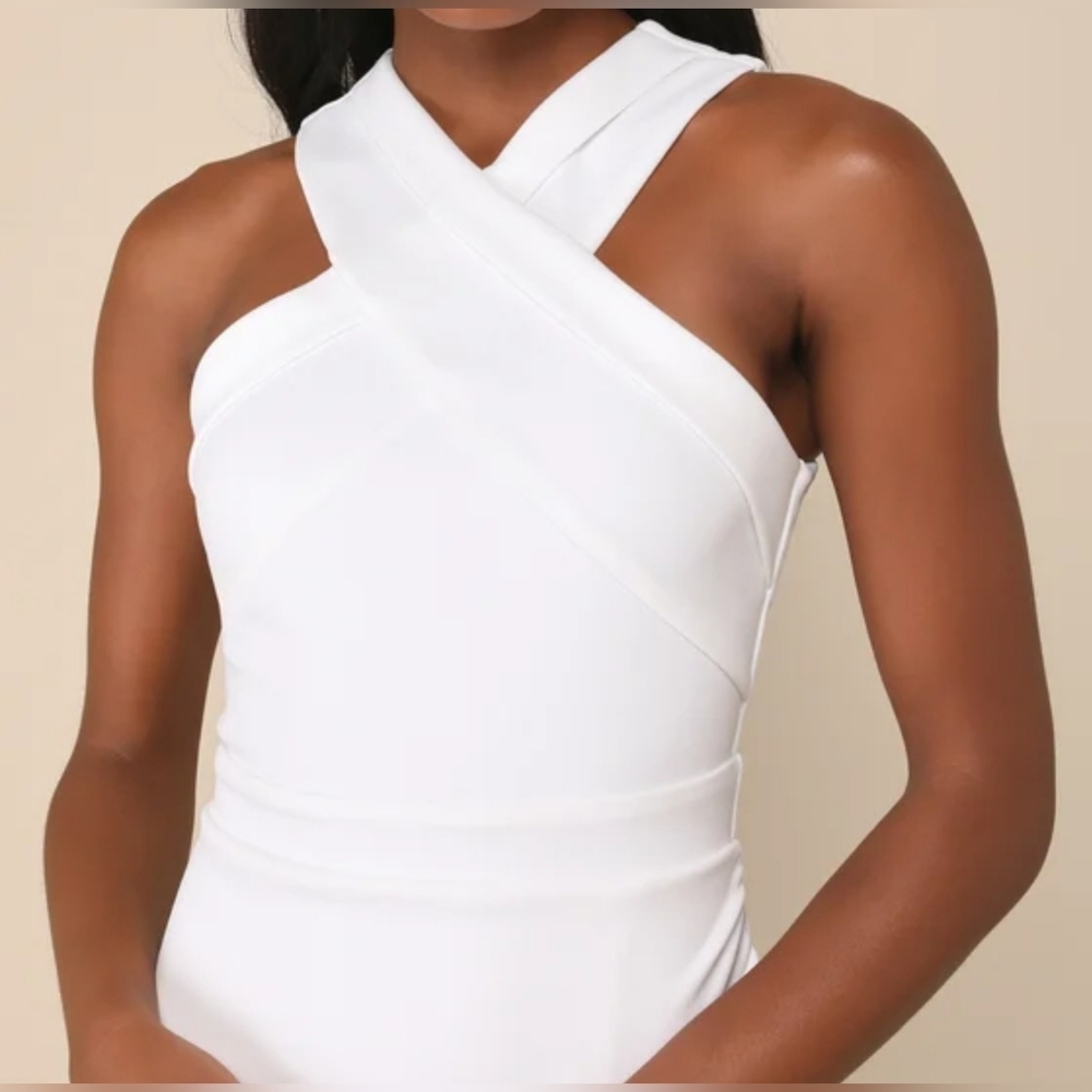 Lulus Headed to Cocktail Hour White Halter Tulip Mini Dress, Size Small - Picture 3 of 15